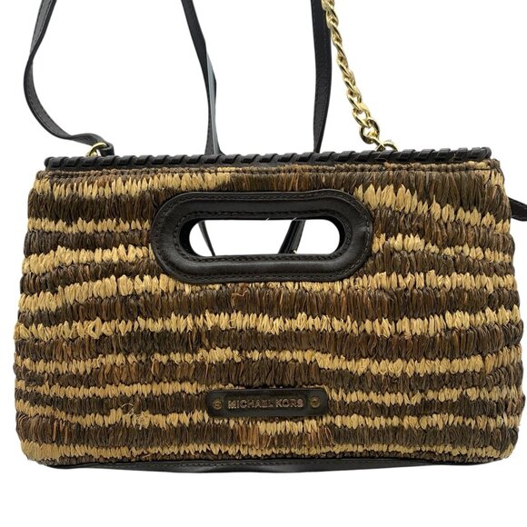 Michael Kors Straw Rosalie Leather Trim Small Crossbody Clutch Bag Purse - Picture 2 of 12